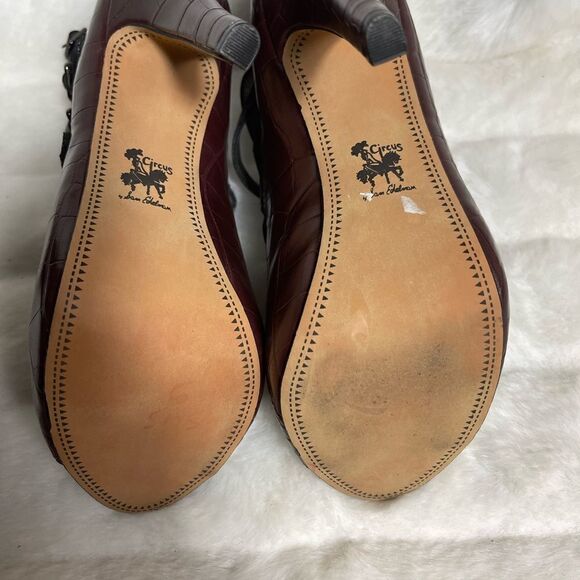 Circus By Sam Edelman Lennox burgundy crocs prints & black gladiator heels SZ8.5 - Picture 12 of 12